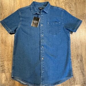 Boohoo Men's Casual Blue Button Down Shirt